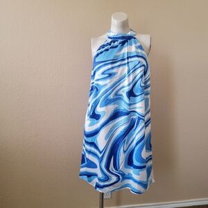 Premier Amour Silky Satin Print Halter Shift Dress Size 16 Blue New